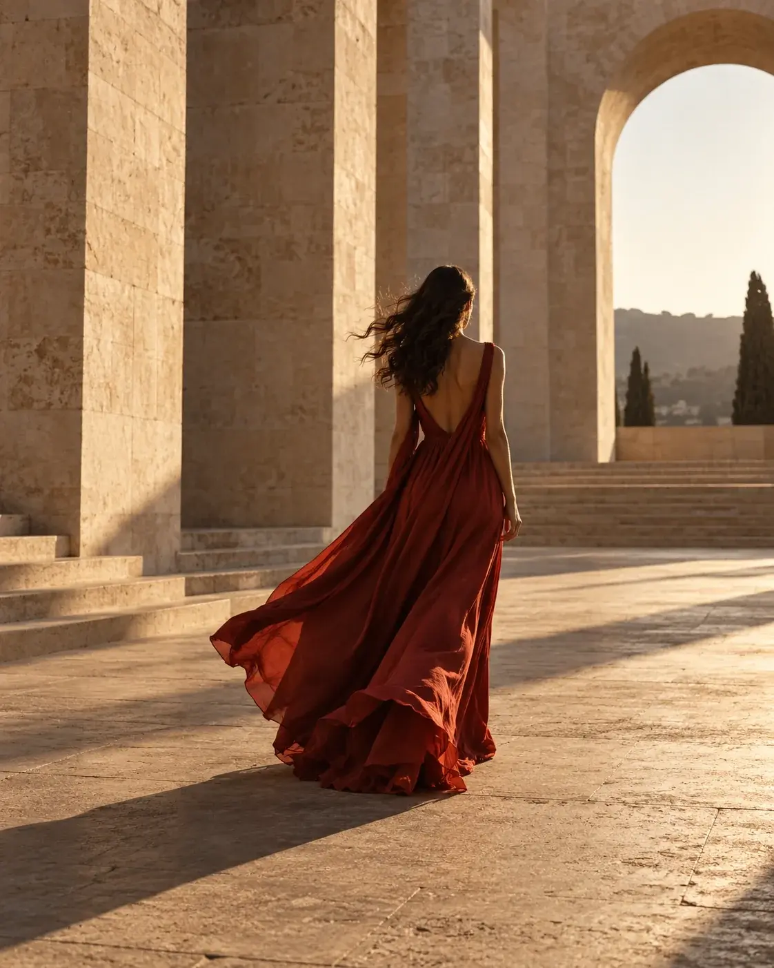 The wind has a color. Desert architecture. A red dress. Sunset light.